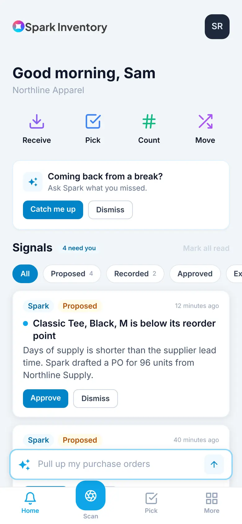 The Spark mobile home screen with Receive, Pick, Count, and Move shortcuts and the Signals feed