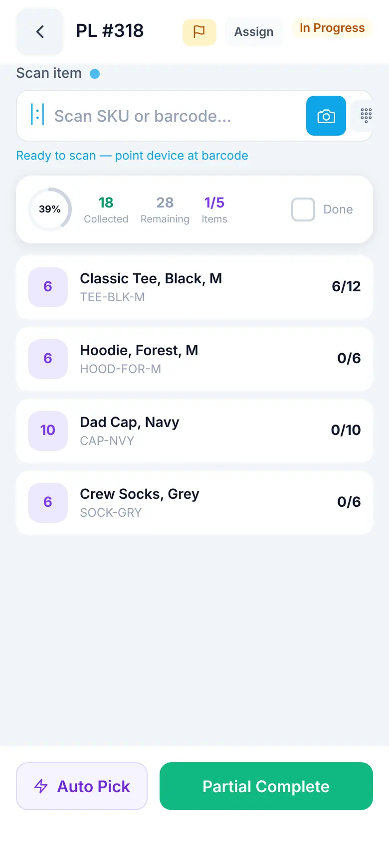 A pick list in the Spark mobile app with Auto Pick and Partial Complete