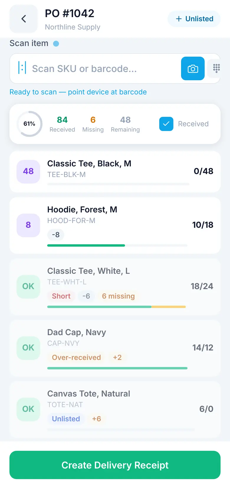 Receiving a purchase order in the Spark mobile app, with short, over-received, and unlisted lines flagged
