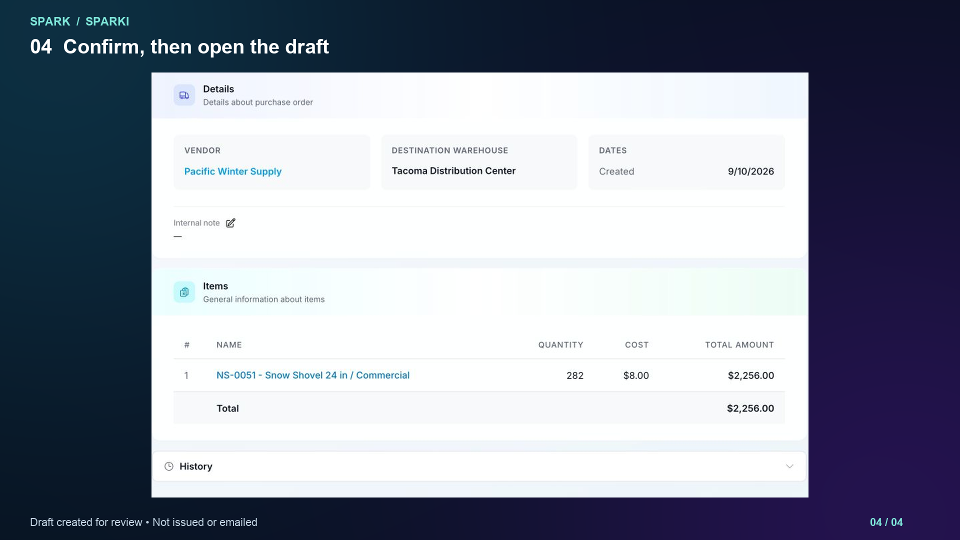 Spark draft purchase order showing example supplier, destination, item quantity, cost, and total.