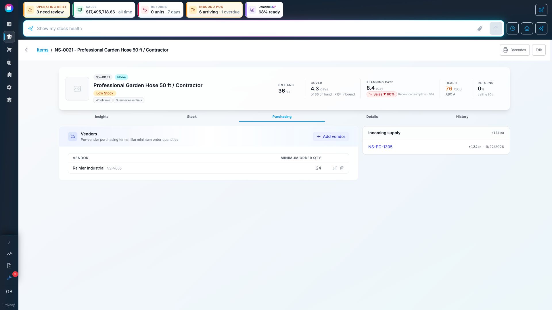 Spark purchasing view with example supplier, minimum order quantity, cost, lead time, and an incoming purchase order.